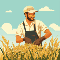 Worker harvesting crops in field , vector style simple color