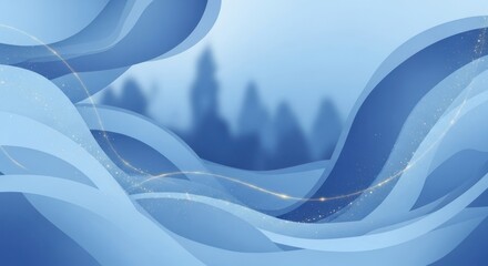 Blue abstract waves with a snowy forest background.