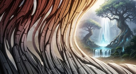 A mystical forest with a waterfall and a crystal at its center, surrounded by gnarled trees with twisted trunks and roots.