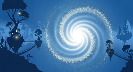 A magical forest with a glowing spiral of light at its center, surrounded by silhouetted trees and a bridge leading to a glowing portal.