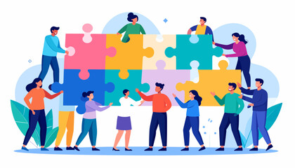 Illustrating the concept of teamwork and collaboration, a group of diverse individuals works together to assemble a large, colorful puzzle, symbolizing unity and shared goals