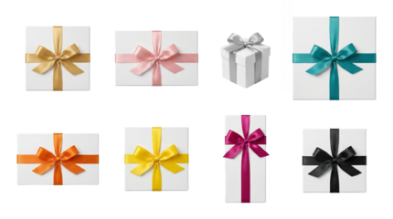 White gift box set including gold, pink, silver, teal, orange, yellow, magenta, and black ribbon bows isolated. Birthday and holiday present collection.