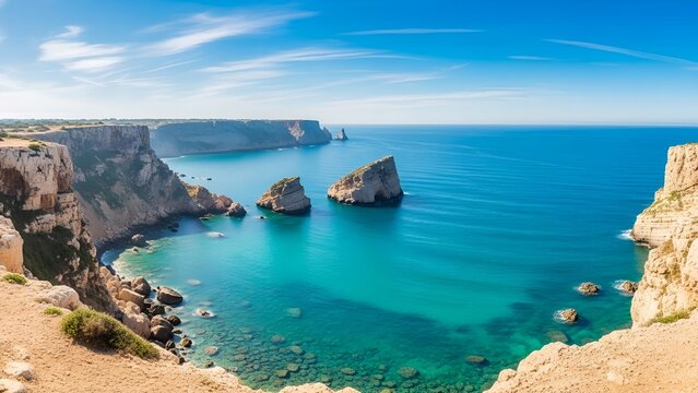 Panoramic view of Algerian coastline and cliffs in Oran at midday