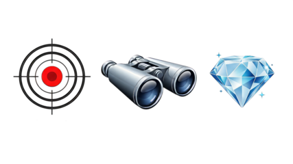 Target, Binoculars, Diamond Icons: Strategy, Vision, Goal Achievement