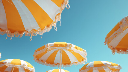 Striped Beach Umbrella Against Blue Sky Summer Vacation Concept
