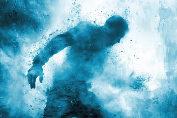 Silhouette of a figure exploding into a dynamic blue splash, representing intense motion and abstract energy