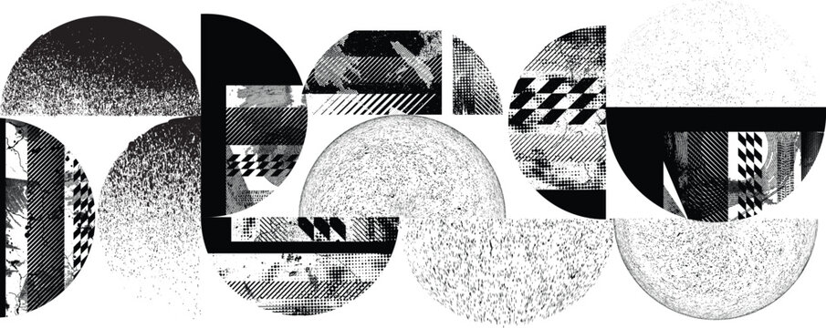 Sprayed black half circles composition .Graffiti art design . Noise textured semi circles . Spray effect .Grunge texture .Art design forms.Distressed element .Rough roller paint semicircles .Vector 