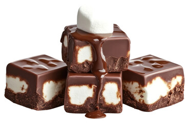 Three chocolate fudge cubes stacked dessert bread food.