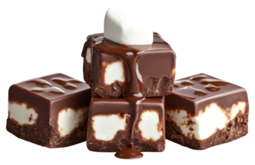 Three chocolate fudge cubes stacked dessert bread food.