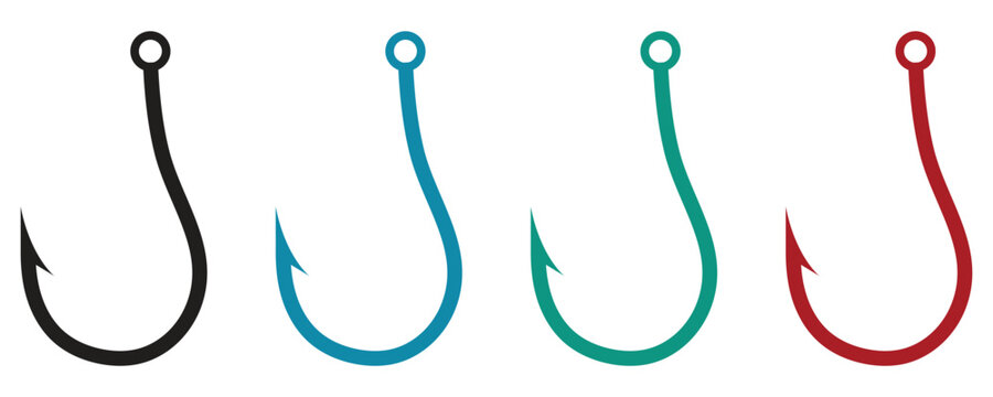 Fishing hook icons vector, fishing hook with barb for angling sports isolated on white background.