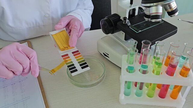 Laboratory testing of liquids using pH strips and microscope in a science setting with various colored tubes