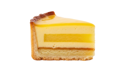 Delicious lemon tart slice isolated PNG, sweet dessert with layers of pastry cream and lemon jelly on transparent background