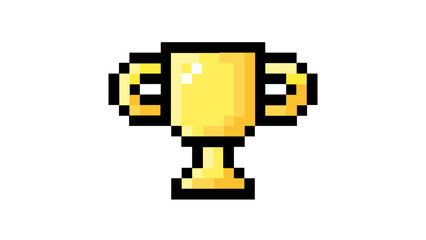 A vibrant pixel art golden trophy icon, symbolizing ultimate digital victory and retro gaming achievement, representing success and triumph in classic video game concept