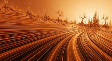 A surreal, abstract landscape with swirling, wavy lines and a warm, golden hue, featuring a tree-like structure and a castle-like structure in the distance.