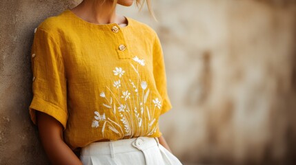 Woman in yellow top near wall