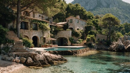 Rustic house by water  mountains
