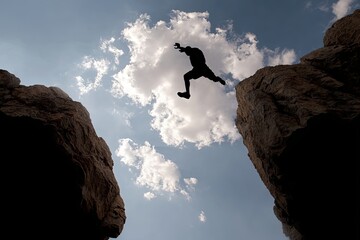 Silhouette of an extreme athlete leaping across a vast gap between rocky cliffs against a cloudy sky