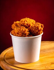 Crispy Golden Fried Chicken Pieces in a White Takeout Bucket on a Wooden Board Against a Dramatic Red Background