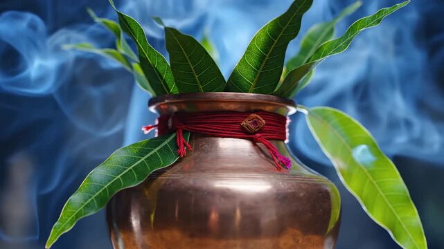 Purnakumbh Kalash Hindu Ritual with Mango Leaves and Holy Smoke