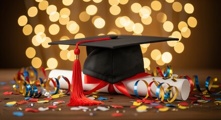 Black graduation cap with red tassel sits among colorful ribbons and confetti. Golden bokeh lights glow in background. Perfect for celebrating academic achievement and success.
