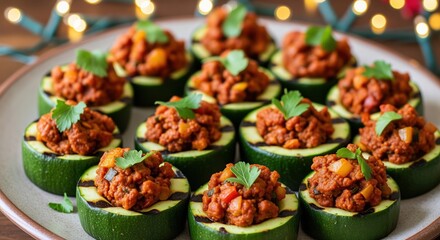 Zucchini rounds filled with seasoned ground meat and topped with fresh cilantro. Perfect for appetizers, party snacks, or healthy meal prep. Great for low-carb or keto diets.