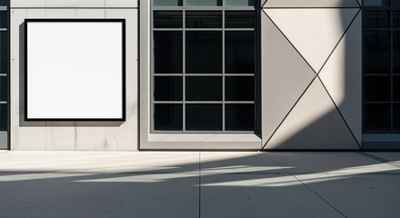 Modern building facade with blank white frame for branding. Clean geometric design with large window and textured panels. Perfect for mockups, advertising displays, or storefront concepts.