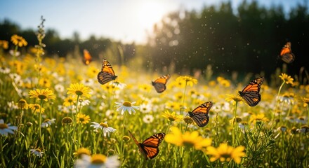 Monarch butterflies fly over a sunny wildflower meadow filled with yellow and white blooms. Perfect for nature themes, environmental projects, and wildlife conservation materials.