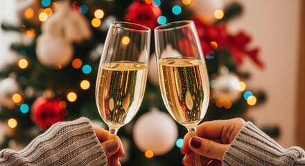 Two hands holding champagne glasses in a toast against a festive background with a decorated Christmas tree and colorful lights. Perfect for holiday celebrations and New Year greetings.
