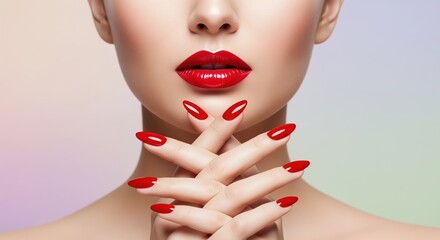 A woman with glossy red lipstick and matching red nail polish poses with hands under chin. Perfect for beauty, makeup, cosmetics, and fashion content. Clean studio look.
