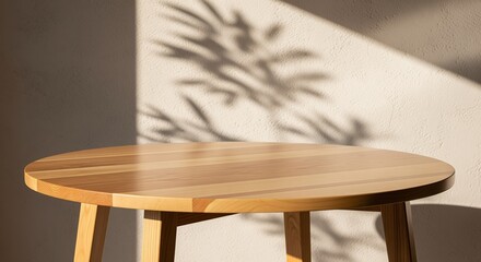 Round wooden table with natural grain pattern in warm tones against a neutral wall. Palm leaf shadow creates decorative element. Ideal for product display or interior design concepts.