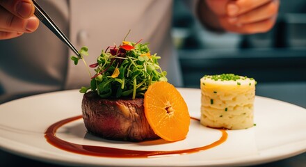 Gourmet meat dish wrapped in bacon, topped with fresh greens and carrot slice. Served with mashed potatoes and sauce on white plate. Perfect for restaurant menus and food blogs.
