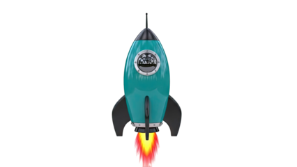 Teal Retro Rocket Ship Launching with Flames