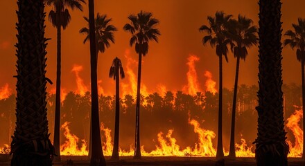 Palm trees stand against raging wildfire with bright orange flames and smoke filling the background. Powerful scene shows nature's force and climate emergency impact on landscapes.