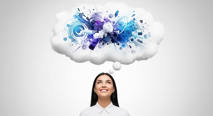 A young woman looks up with a smile at a thought bubble filled with colorful blue and purple abstract shapes and gears. Perfect for creativity, innovation, ideas, and brainstorming concepts.