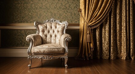 Fancy tufted armchair with carved silver frame sits in elegant room with golden drapes and patterned wallpaper. Perfect for luxury home decor, interior design projects, or classic furniture ads.