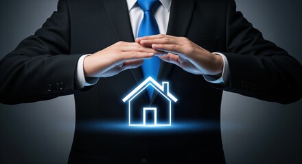 A person in formal business suit with blue tie holds hands protectively over glowing house icon. Perfect for real estate, property insurance, home protection, and security service concepts.