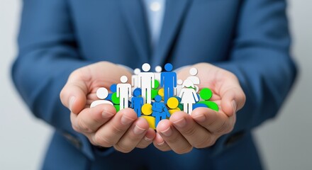A businessperson in a blue suit holds miniature figurines representing diverse people in cupped hands. Perfect for concepts of teamwork, community, human resources, and leadership.