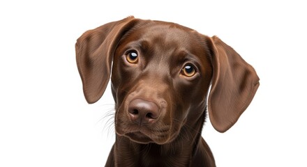Brown dog with floppy ears and amber eyes looking directly at the camera. Clean white background makes it perfect for pet care ads, veterinary materials, or animal adoption campaigns.