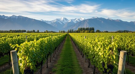 Rows of green grapevines stretch across a vineyard with snow-capped mountains in the background. Perfect for wine industry, agriculture, and travel content. Blue sky above scenic landscape.