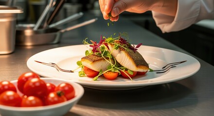 A chef adds finishing touches to a gourmet fish dish with fresh greens and tomatoes. Perfect for restaurant menus, cooking blogs, or culinary content showcasing fine dining presentation.