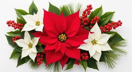 Red poinsettia flower arrangement with white blooms, green leaves, and red berries. Perfect for holiday decorations, Christmas cards, or seasonal celebrations and festive designs.