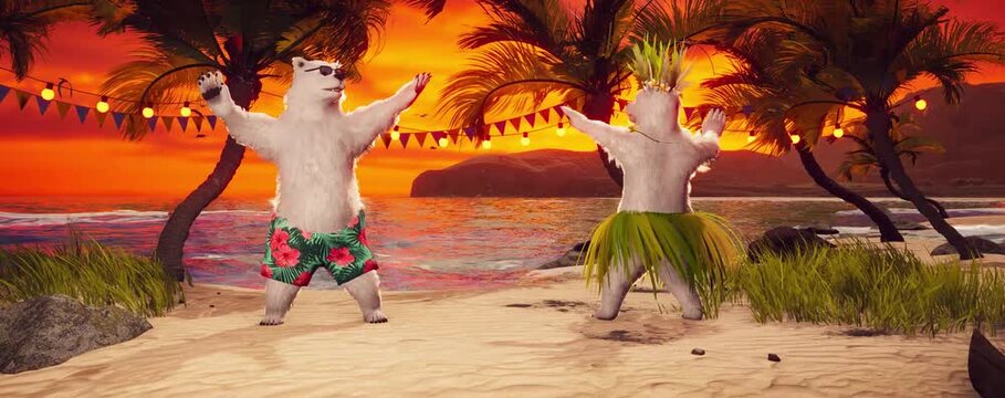 3D Animation  of Polar Bears Dancing on Tropical Beach at Sunset, Romantic Travel Getaway with Exotic Island, Palm Trees, Ocean Waves, Paradise Holiday
