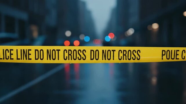 Yellow police tape reading police line do not cross cordoning off a street with flashing emergency vehicle lights reflected on the wet asphalt, securing an active crime scene at night