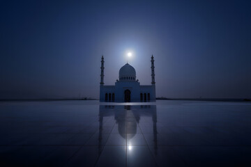 Grand Illuminated Mosque at Night with Crescent Moon, Ramadan Kareem Serenity, Jumma Mubarak Peace, Sacred Islamic Architecture