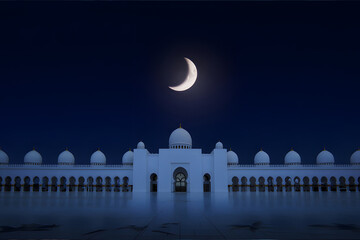 Grand Illuminated Mosque at Night with Crescent Moon, Ramadan Kareem Serenity, Jumma Mubarak Peace, Sacred Islamic Architecture