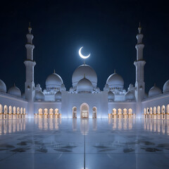 Grand Illuminated Mosque at Night with Crescent Moon, Ramadan Kareem Serenity, Jumma Mubarak Peace, Sacred Islamic Architecture