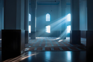 Sunlight Beams Through Arched Windows in Grand Mosque Interior, Ramadan Kareem Dawn, Jumma Mubarak Calm, Sacred Stillness
