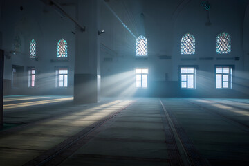 Sunlight Beams Through Arched Windows in Grand Mosque Interior, Ramadan Kareem Dawn, Jumma Mubarak Calm, Sacred Stillness