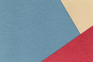 Fototapeta premium Abstract cool blue, red, light beige paper background with copy space. Template for presentation, banner, card design