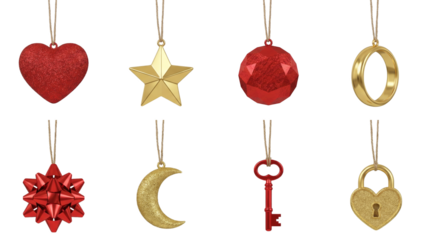 Christmas ornament set including heart, star, moon, key, lock, and bow shapes isolated. Festive gold and red holiday decorations for celebration and design.